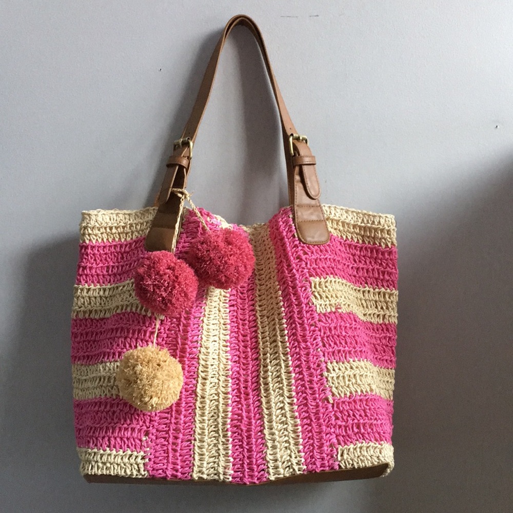 Sonoma Straw Pom-Pom Hobo Bag Pink New - Picture 5 of 7
